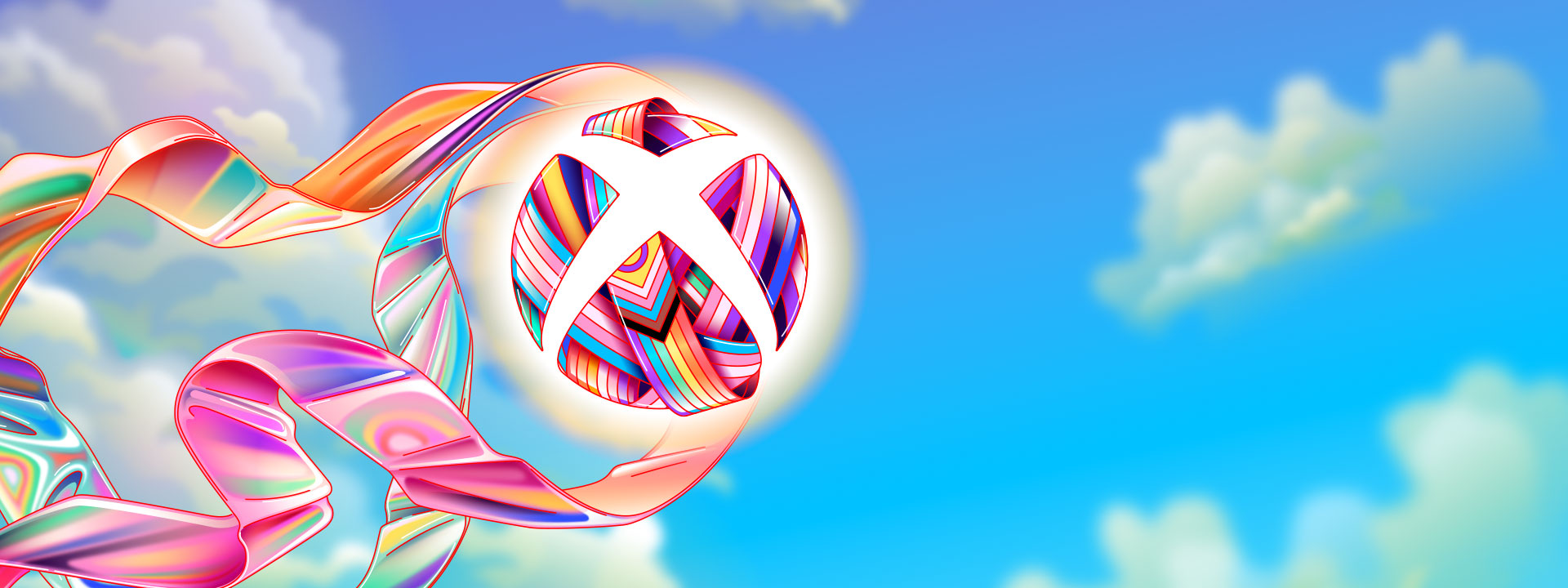 A logo made of ribbons with different L G B T Q I A plus pride flags printed on them floating in a blue sky.
