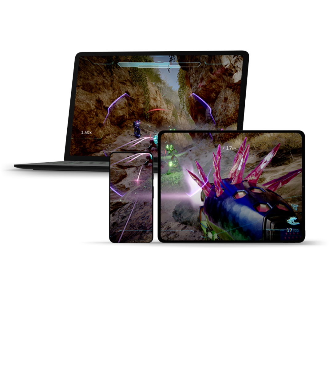 Vorderansicht von drei verschiedenen Bildschirmen, auf denen Xbox-Spiele angezeigt werden 