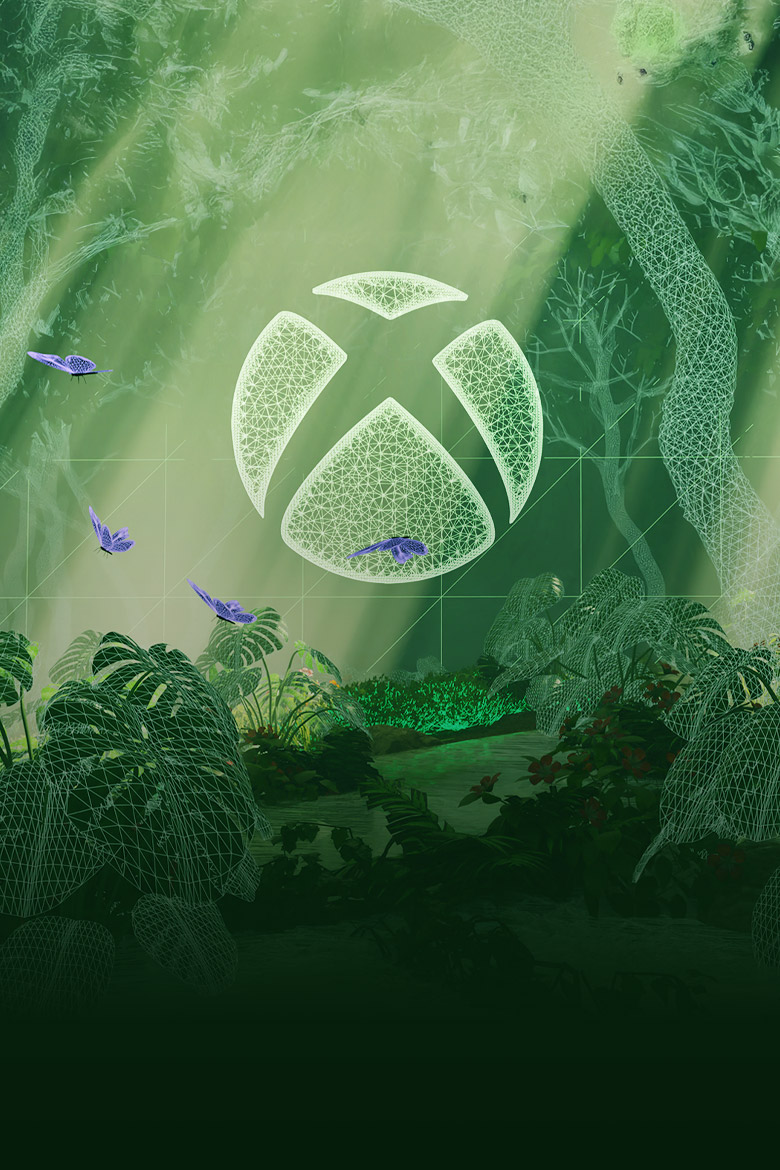 The Xbox logo floating above a creek and greenery. 