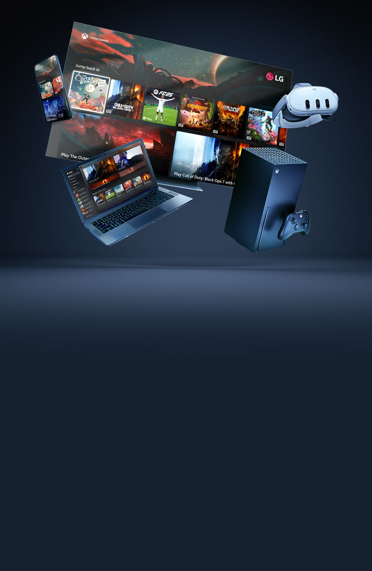 Skupina zariadení vrátane mobilného zariadenia, notebooku, televízora, konzoly Xbox Series X s ovládačom, a náhlavnej súpravy VR.