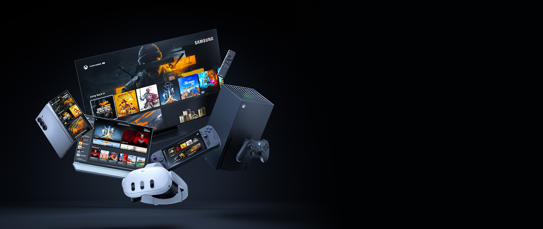 A group of devices including a mobile device, laptop, TV, Xbox Series X with controller, a handheld gaming device, and a VR headset.