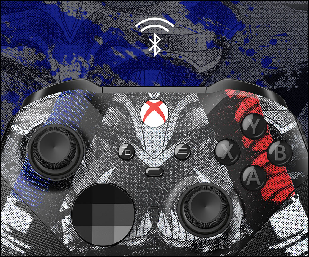 Keskitetty lähikuva langattomasta Xbox Elite Series 2 – NINJA GAIDEN 4 -ohjaimesta sekä Bluetooth-logo