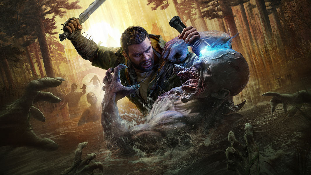 A survivor attacking a zombie like creature with a machete in the forest