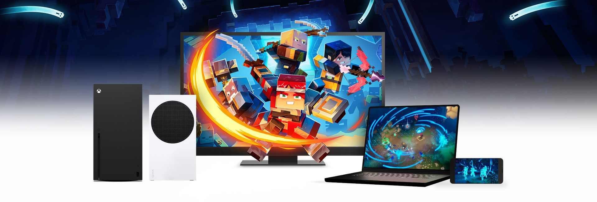 XBOX Series X and S consoles, a smart TV, laptop, and mobile phone showing Minecraft Dungeons II on their screens