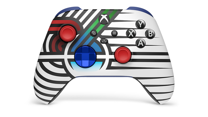 Vue avant de la manette sans fil XBOX – Team Spirit en édition limitée avec XBOX Design Lab, dans des coloris personnalisés rouge, bleu et bleu.