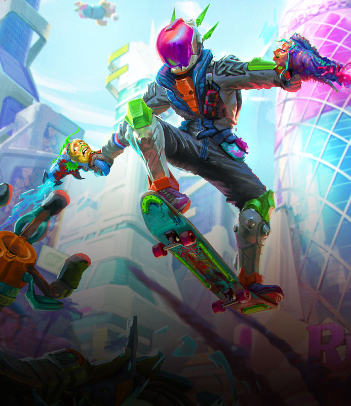 Key art for High on Life 2 featuring The Bounty Hunter soaring through the air on their skateboard in a futuristic city.