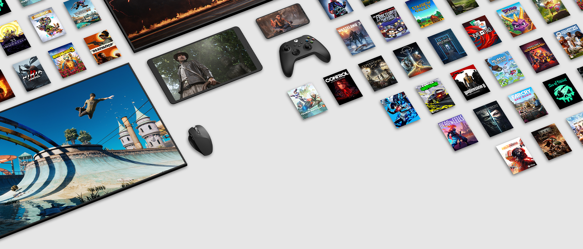 Game art from multiple games available now with Xbox Game Pass surround multiple devices, including a TV, tablet, mobile phone, Xbox Wireless Controller, and Xbox Wireless Headset.