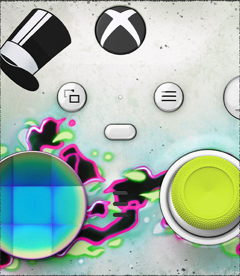 Gros plan sur le BMD multicolore et le chapeau haut-de-forme de The Moon Man à l'avant de la manette sans fil Xbox Elite Series 2 – The Outer Worlds 2