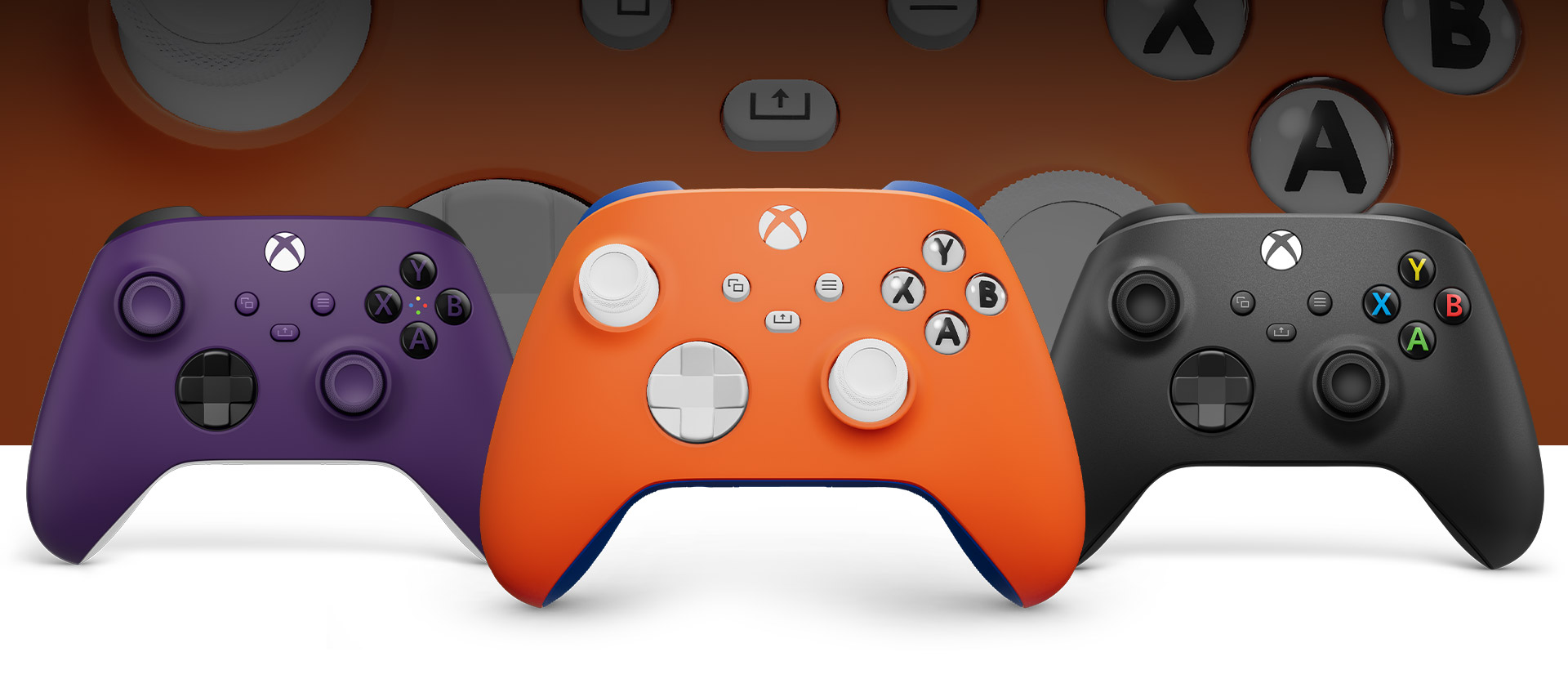 Xbox Design Lab customizable Xbox Wireless controller in front with Purple on left and Carbon Black on right 