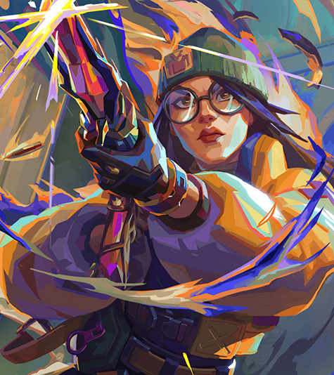 A female character with long black hair, wearing oversized glasses, a beanie, and a beige puffer jacket, aims a rifle while blue and orange flames swirl around her.