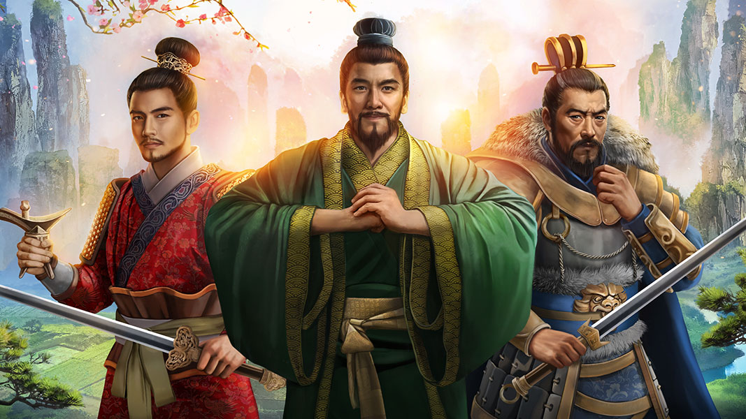 Three Chinese leaders standing together with a valley and mountains behind them.