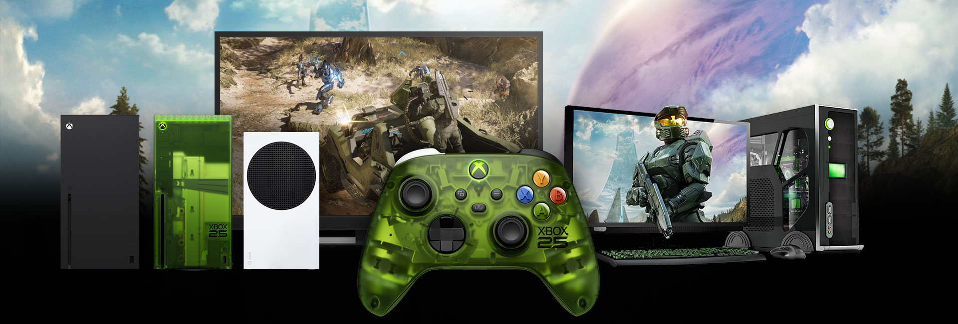 『Halo』のゲームプレイを映したゲーム デバイスの数々と、その手前に置かれた XBOX ワイヤレス コントローラー X25 スペシャル エディション。