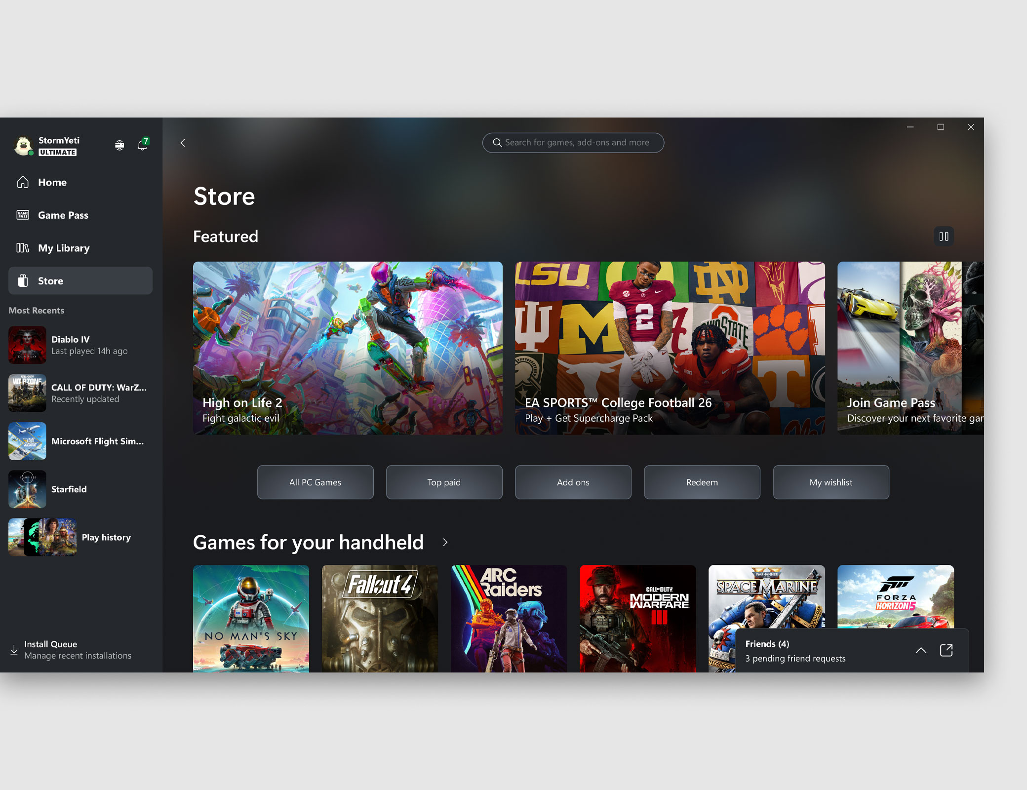 Пользовательский интерфейс приложения Xbox для компьютера, отображающий вкладку «Магазин».