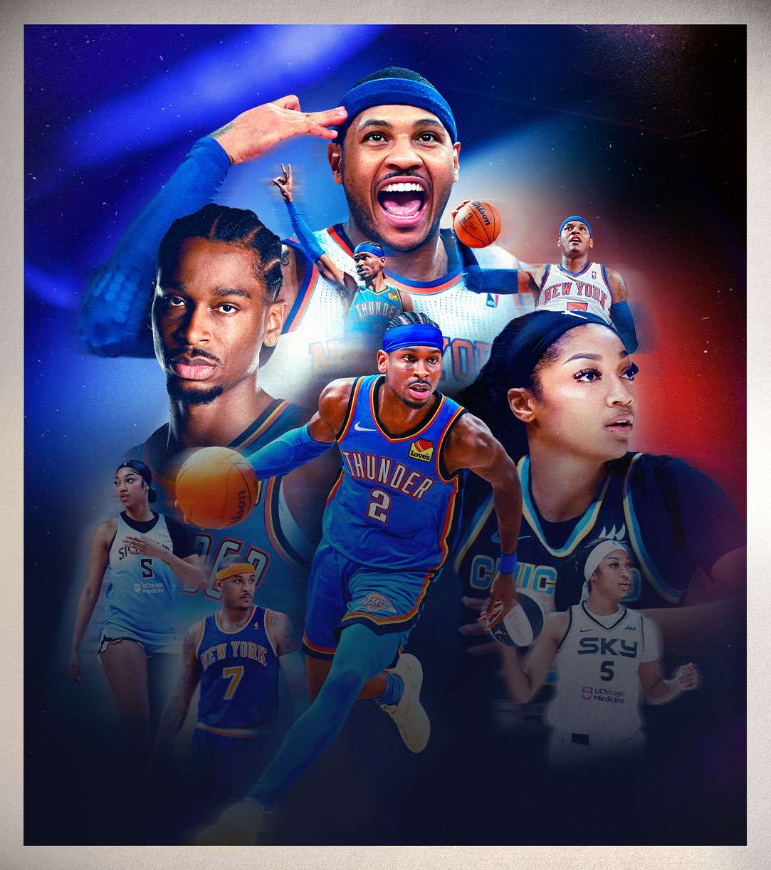 A collage of NBA and WNBA players, from left to right, Shai Gilgeous-Alexander, Carmelo Anthony, and Angel Reese. 