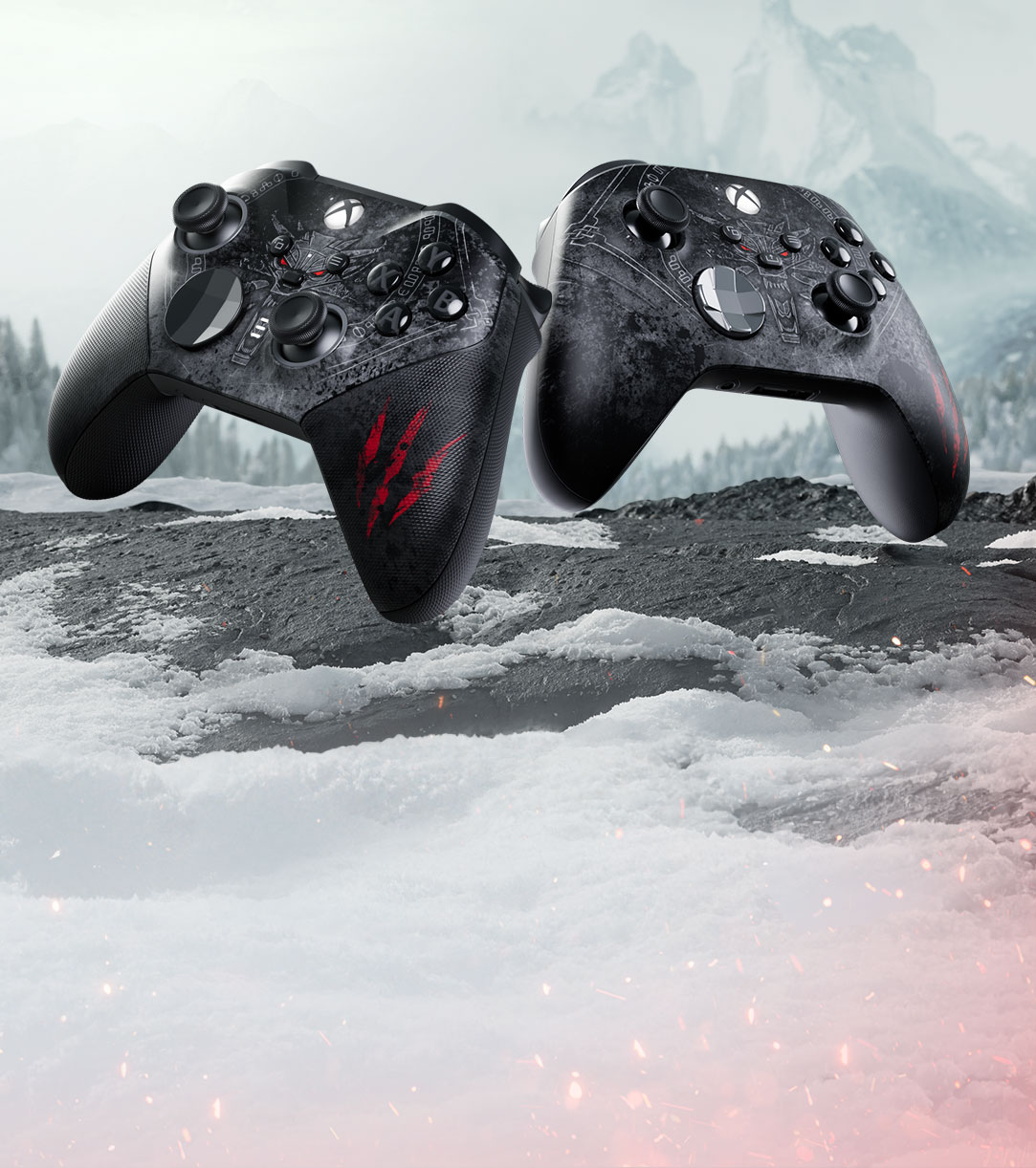 Angled view of The Witcher 3 10th Anniversary both standard and elite controllers against a snowy landscape. 