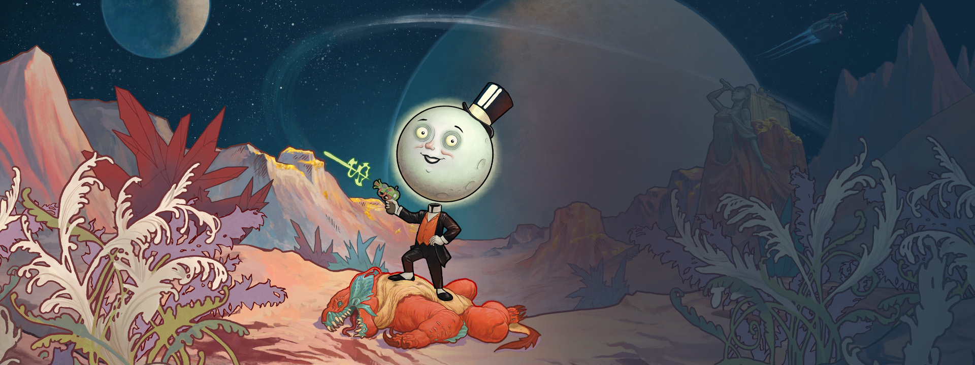 The Moon man standing on a monster while shooting a laser with large planets orbiting in the background. 