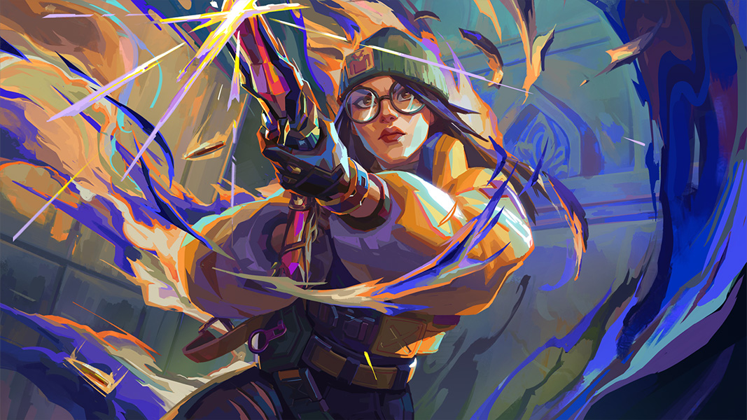 A female character with long black hair, wearing oversized glasses, a beanie, and a beige puffer jacket, aims a rifle while blue and orange flames swirl around her.
