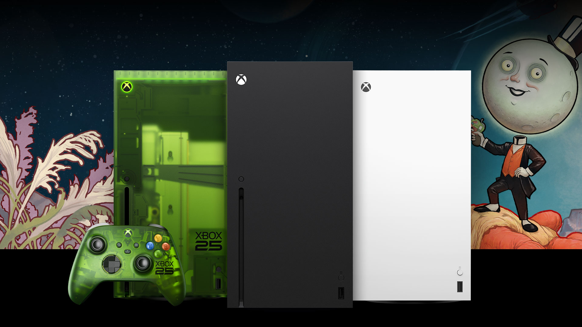 XBOX Series X – 1 TB デジタル エディション(ロボット ホワイト)、XBOX Series X25 限定エディションと XBOX ワイヤレス コントローラー X25 スペシャル エディション、XBOX Series X – 1 TB (カーボン ブラック)