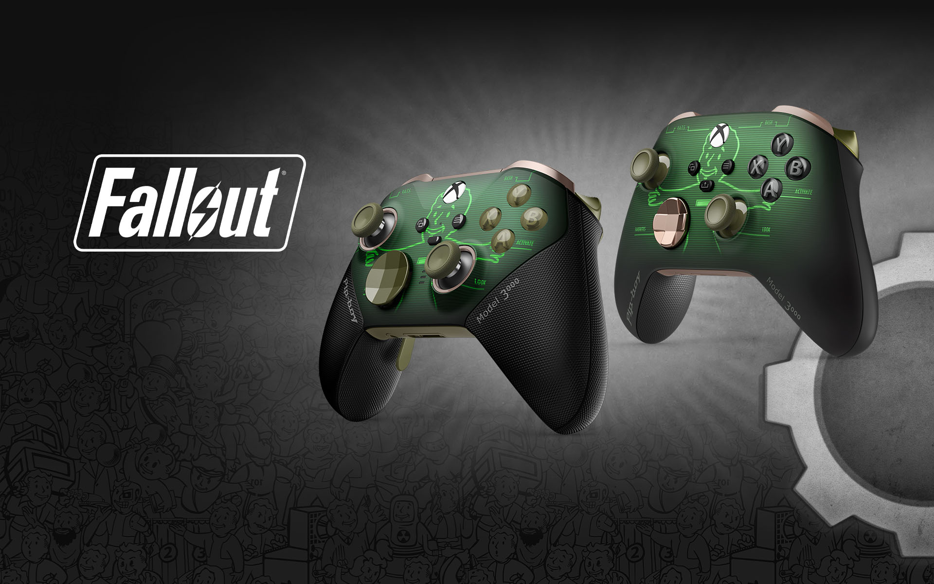 Fallout, Two customized Fallout Pip-Boy Xbox controllers over a black and white Fallout artwork background.
