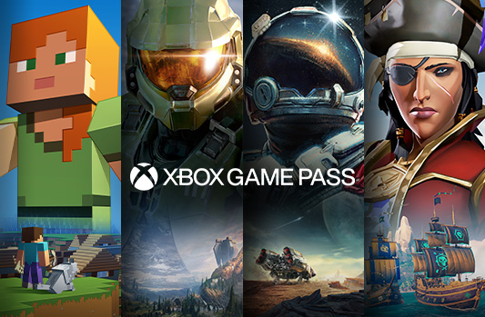 A selection of games available with Xbox Game Pass including Minecraft, Halo Infinite, Starfield, and Sea of Thieves