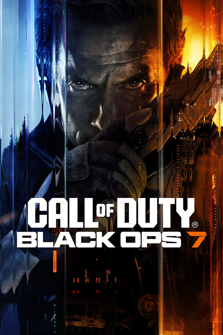 Call of Duty®: Black Ops 7 A man looking forward with a serious expression while holding a handgun in front of his face.
