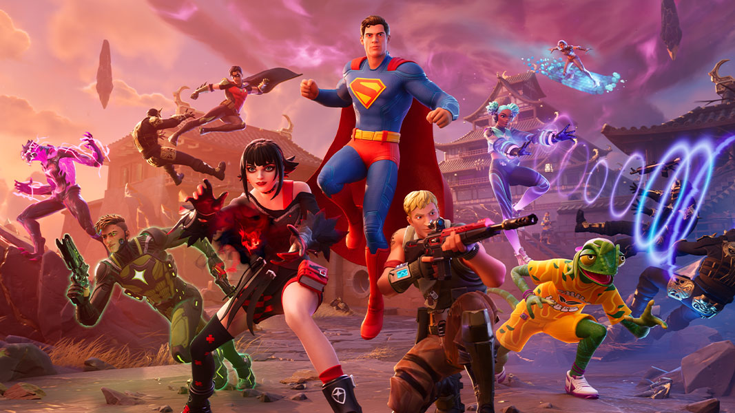 A group of super heroes including Superman rushing forward towards a fight. 