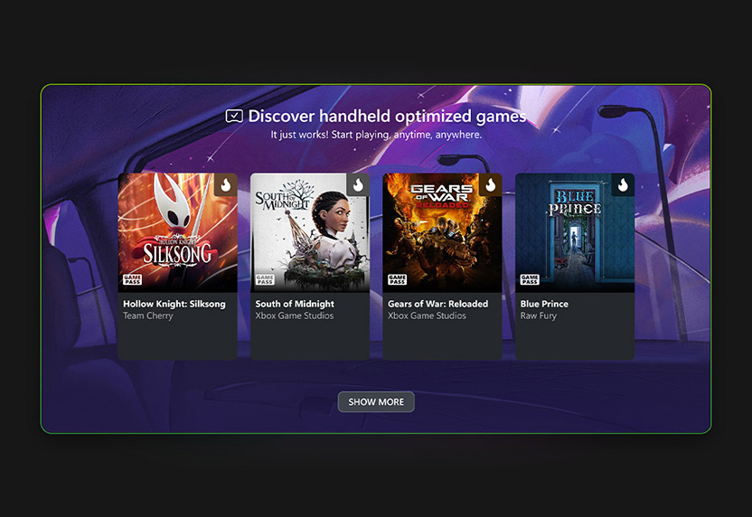 Xbox on handhelds screen showing optimized games.