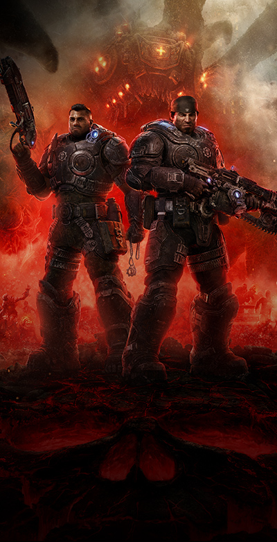 Gears of War: E-Day, Marcus und Dom haben ihre Waffen bei sich, während sich um sie herum das Chaos von Emergence Day entfaltet.