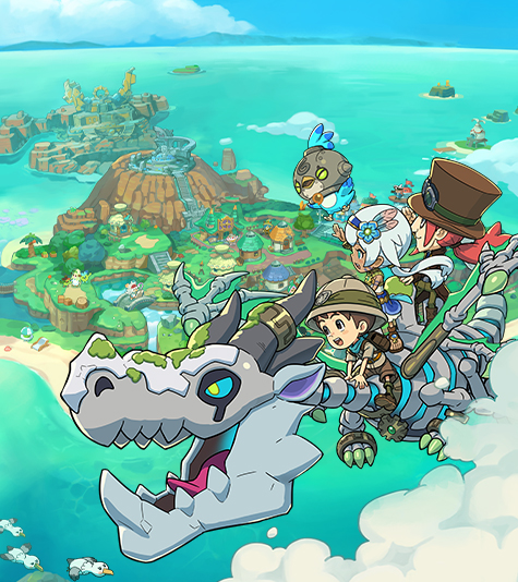 Characters flying on a skeleton dragon above a fantasy island community centered around a volcano.