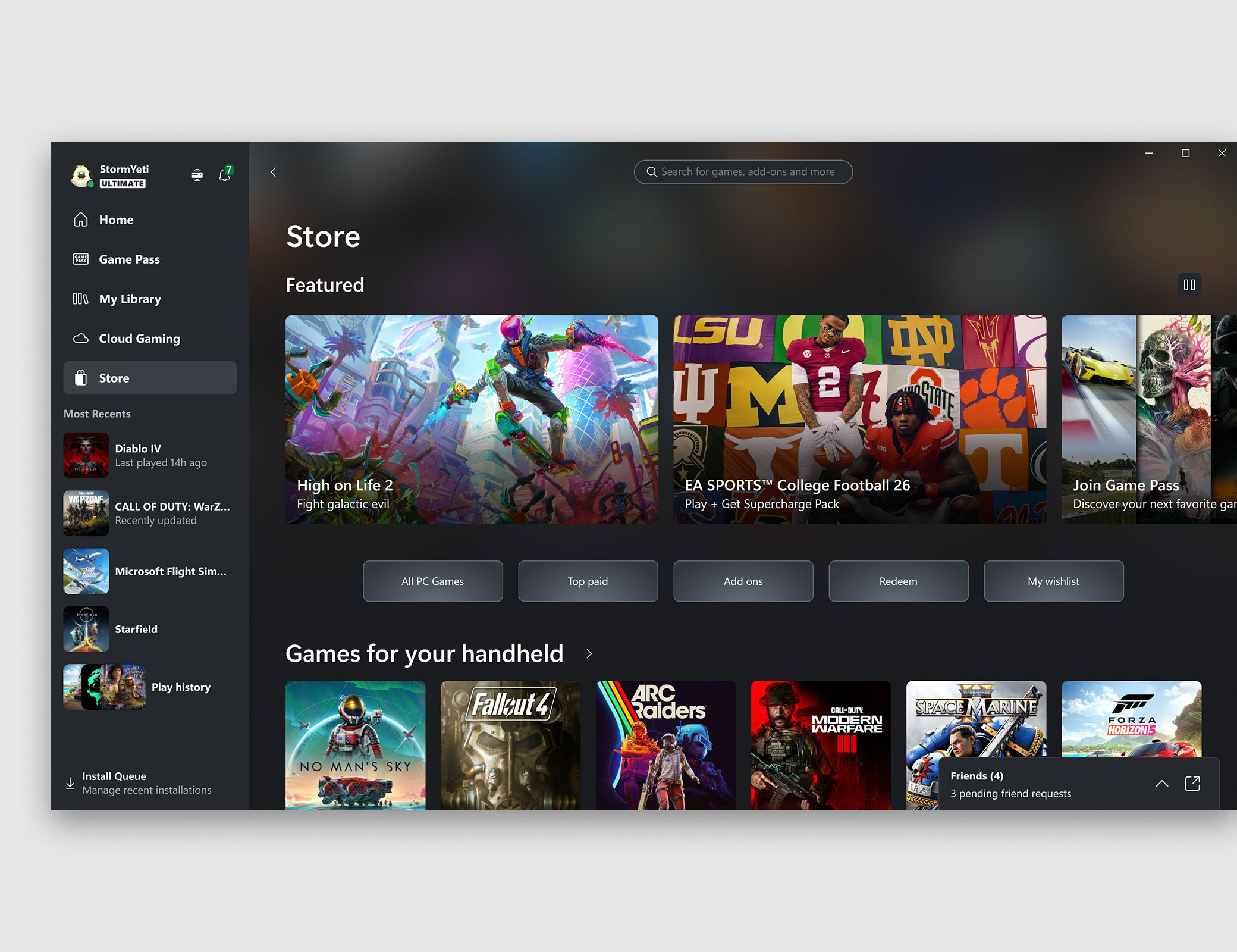 Xbox PC 앱 사용자 인터페이스에 스토어 탭이 표시된 모습