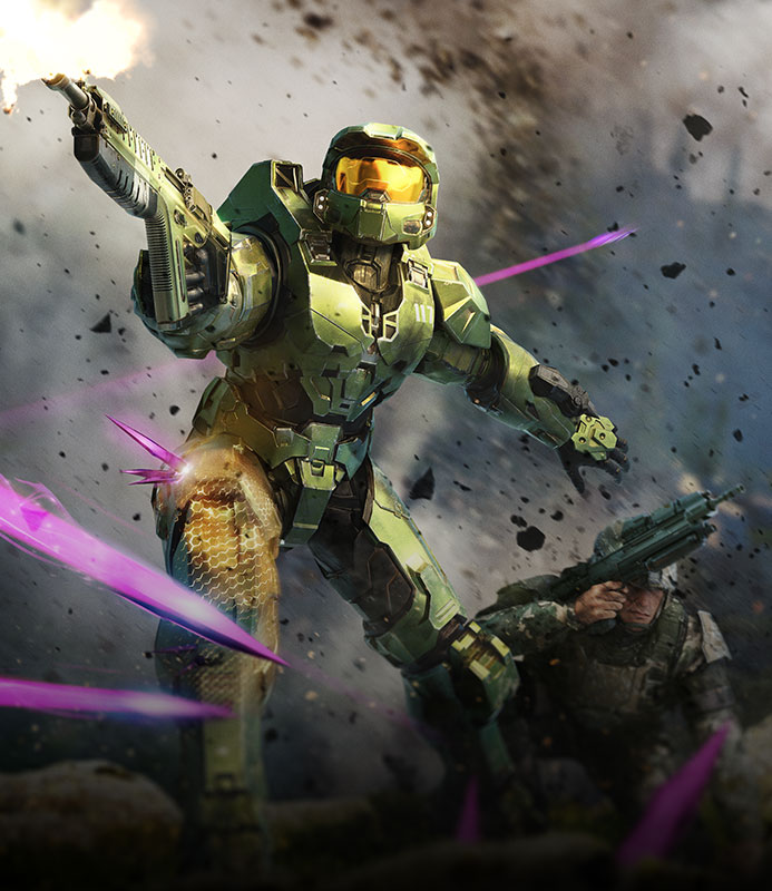 Master Chief in iconic green armor stands against a futuristic Halo backdrop.