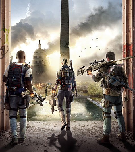 Three soldiers standing in front of a ruined Washington Monument with a smoking capital building in the background