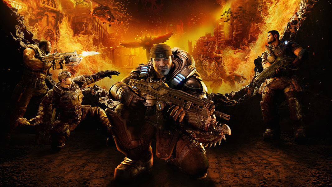 A crouching Marcus looks forward. Behind him, Damon, Dominic, and Augustus fend off the Locust in a burning city.