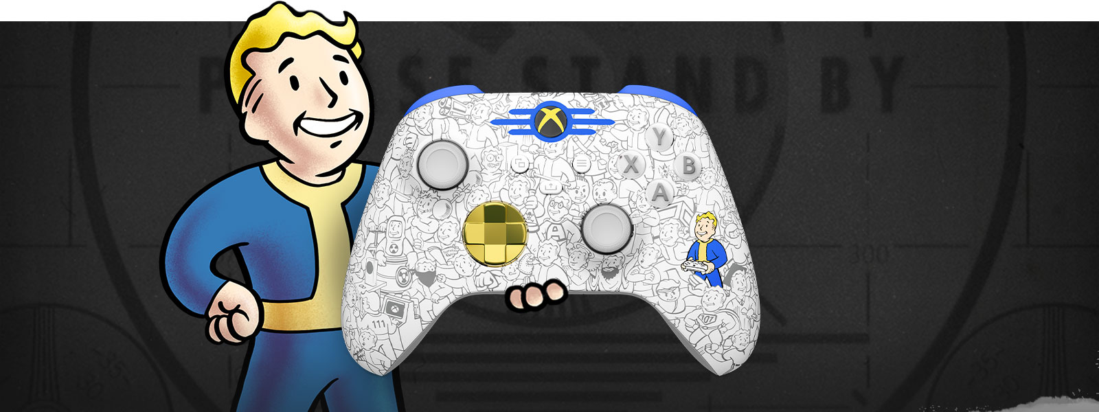 Vault Boy pitelee kädessään langattoman Xbox-ohjaimen Fallout-versiota kädessään. Hänen takanaan on näyttö, jossa lukee PLEASE STAND BY.