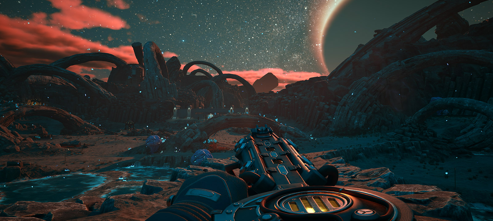 From a first-person perspective, the protagonist explores rocky archways during a solar eclipse.