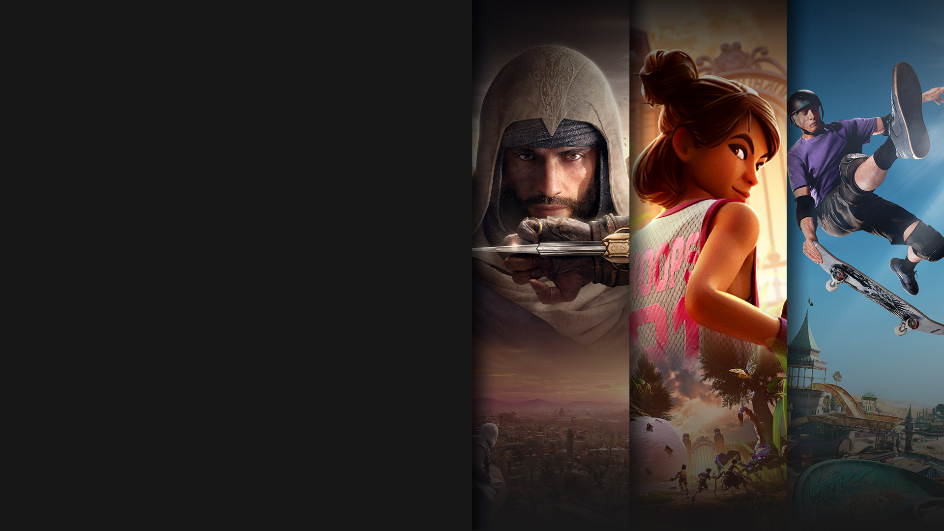 Game-illustraties van meerdere games die beschikbaar zijn met Xbox Game Pass, waaronder Assassin's Creed Mirage, Grounded 2, Tony Hawk Pro Skater 3+4 en EA SPORTS FC™ 25.