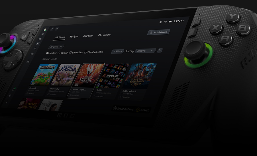 Close up angle of the display with game library UI on the ROG Xbox Ally X