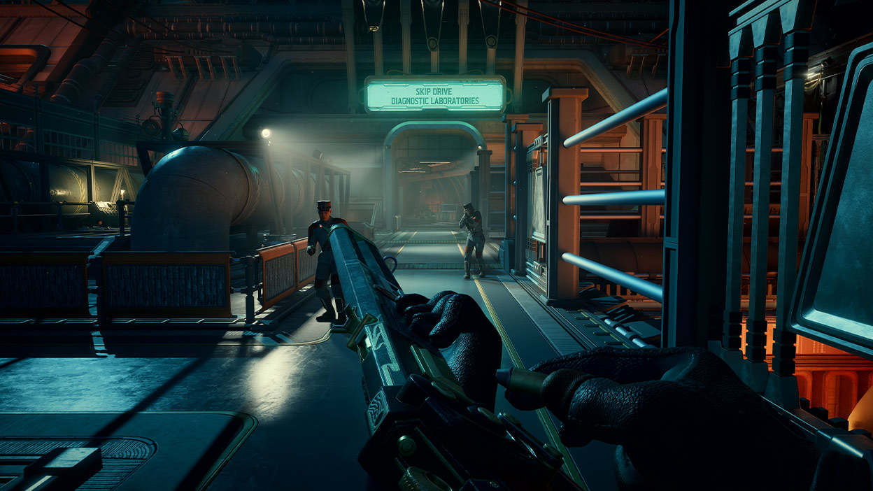 From a first-person perspective, the protagonist loads their firearm while approaching the entryway to the Skip Drive Diagnostic Laboratories.