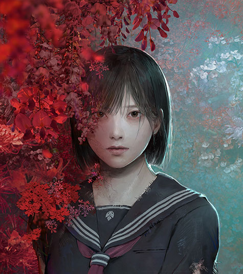 A young, pale girl in a school outfit staring intensely through a red bush