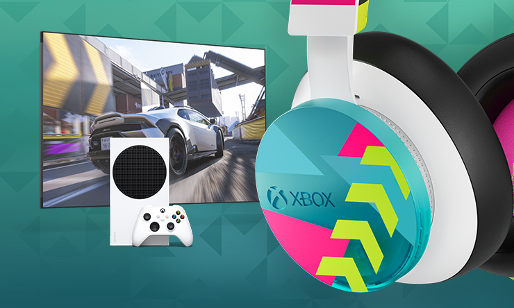 Ασύρματα ακουστικά Xbox – Forza Horizon 6 Limited Edition με μια τηλεόραση και ένα Series S