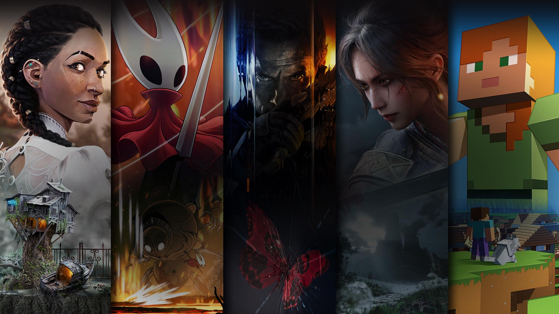 Game art from multiple games available with Xbox Game Pass including South of Midnight, Hollow Knight: Silksong, Call of Duty: Black Ops 7, Wuchang: Fallen Feathers, and Minecraft