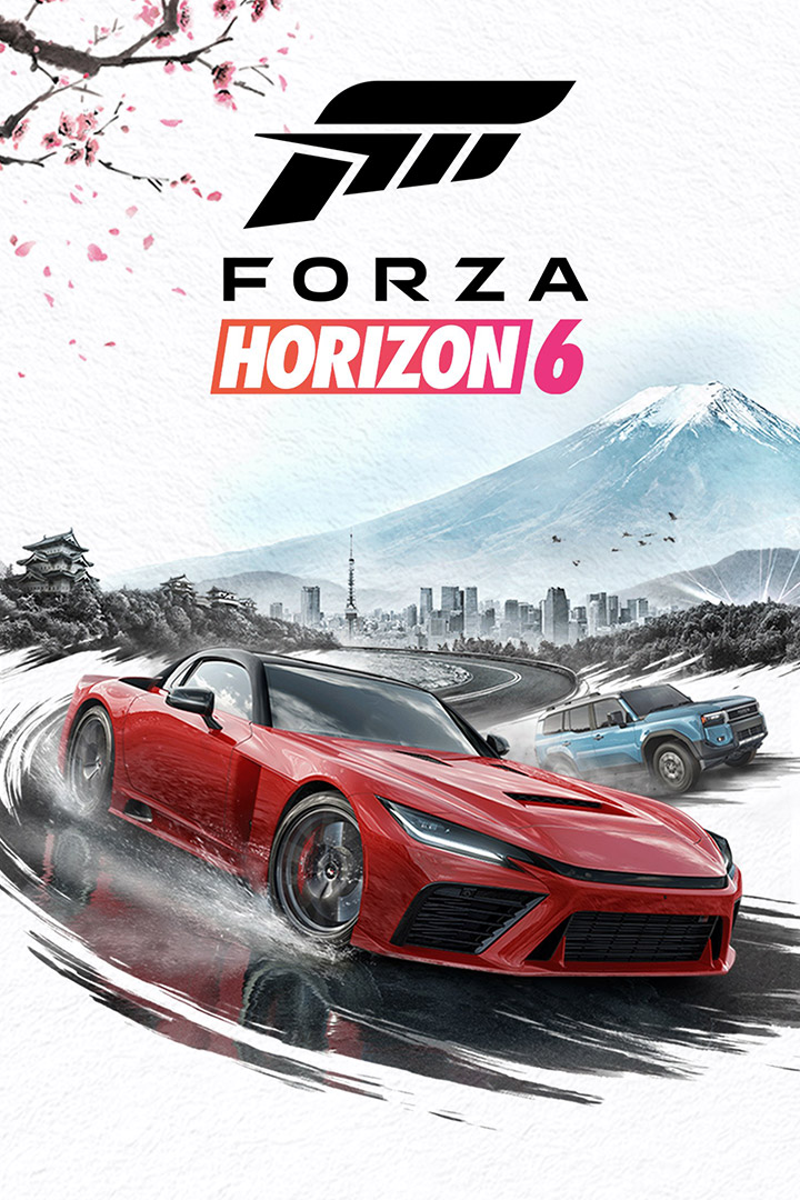Forza Horizon 6-logo, to biler kjører om kapp på en bane med Mt. Fuji og Tokyos silhuett bak dem.