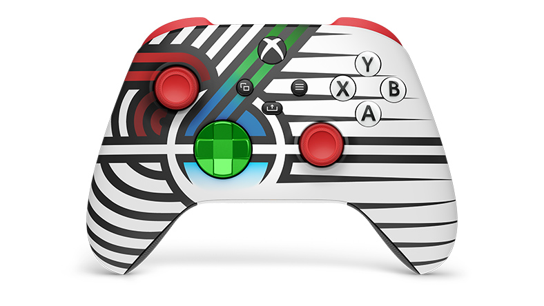 Vue avant de la manette sans fil XBOX – Team Spirit en édition limitée avec XBOX Design Lab, dans des coloris personnalisés rouge, rouge et vert.