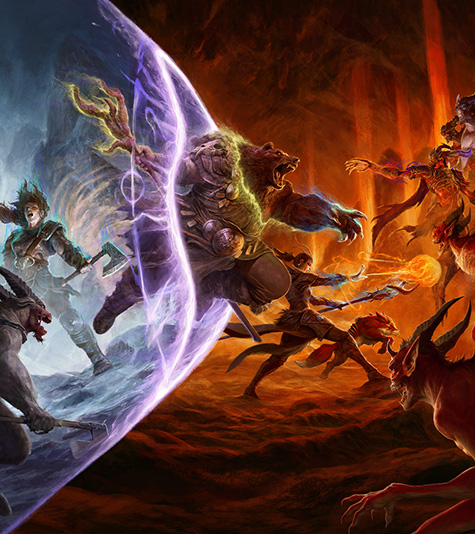 Mid-leap, a druid shapeshifts into a bear while fighting demonic enemies.