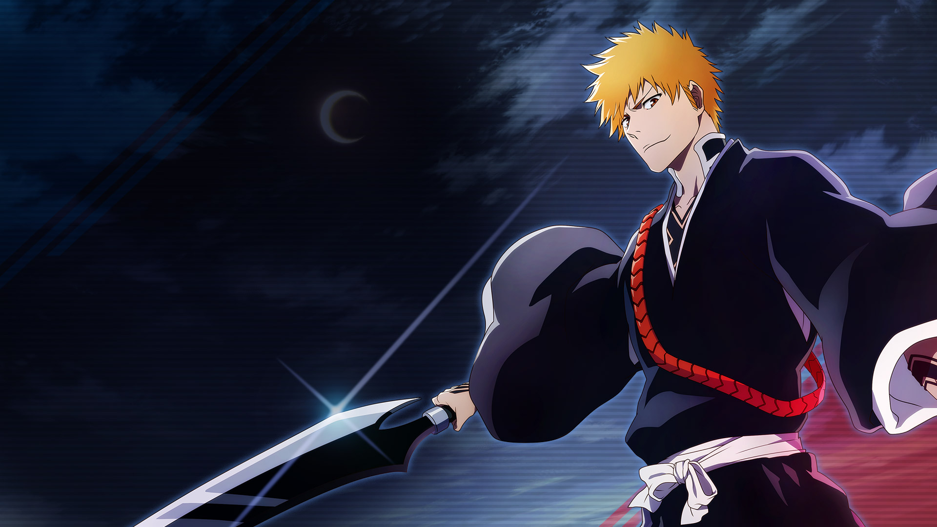 Ichigo švihá mečom pod polmesiacom.