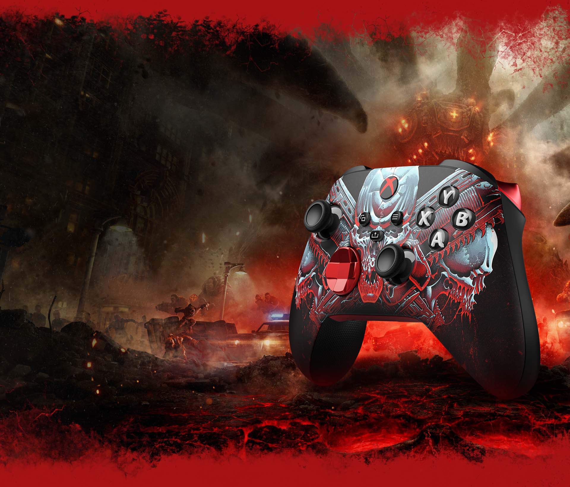Aanpasbare XBOX draadloze controller - Gears of War: E-Day, verkrijgbaar bij XBOX Design Lab op een achtergrond van een lavaveld