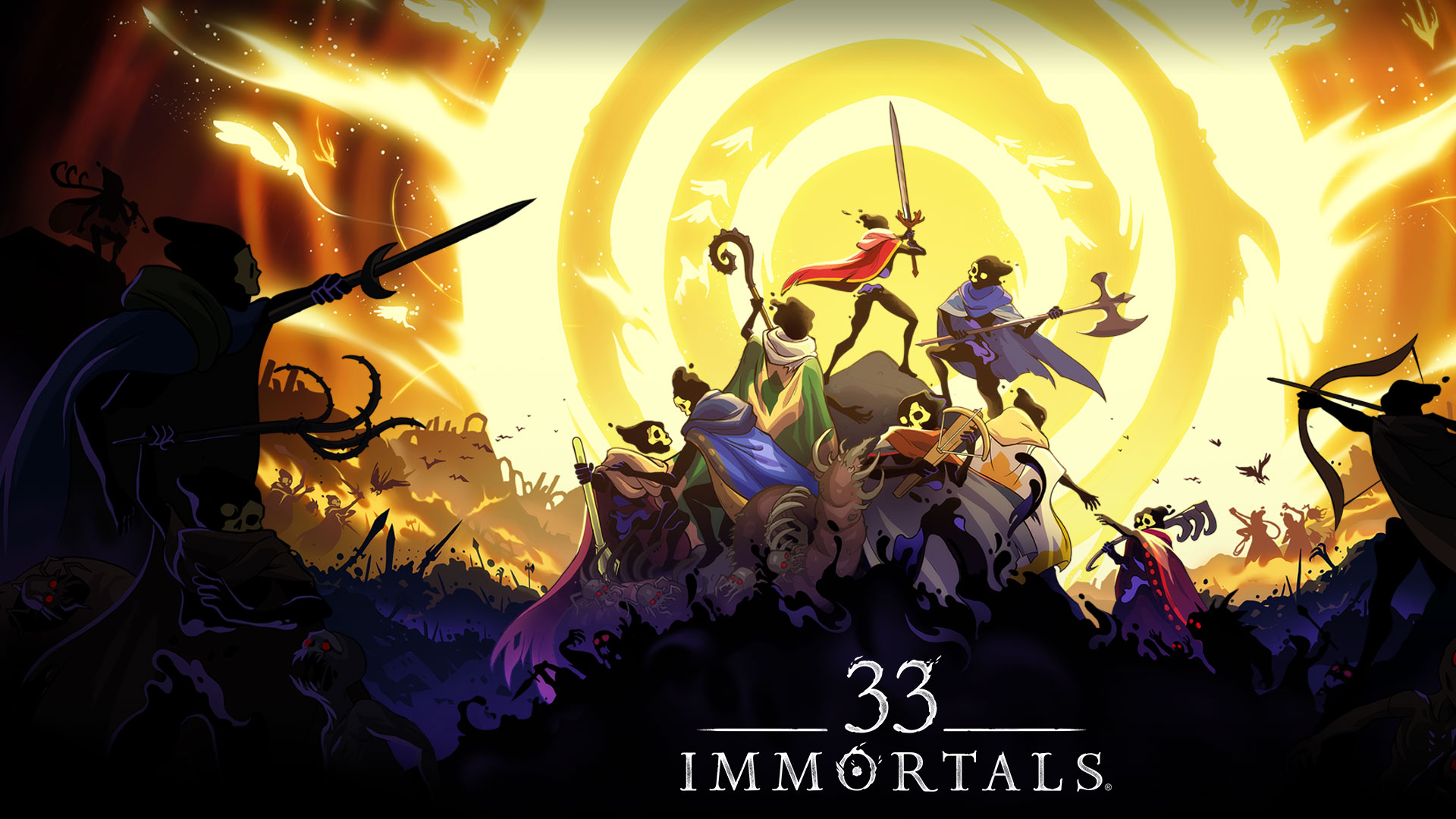 33 Immortals, Inmortales levantan sus armas en un campo de batalla hacia una gran luz brillante en el cielo.