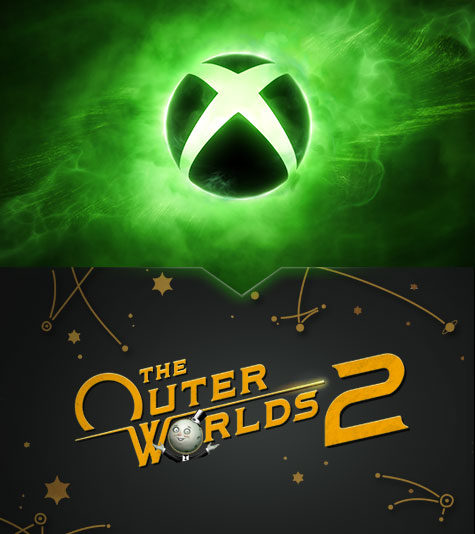 Xbox sphere surrounded by a fog of bright-green plasma, including a double-feature section for The Outer Worlds 2 Direct.