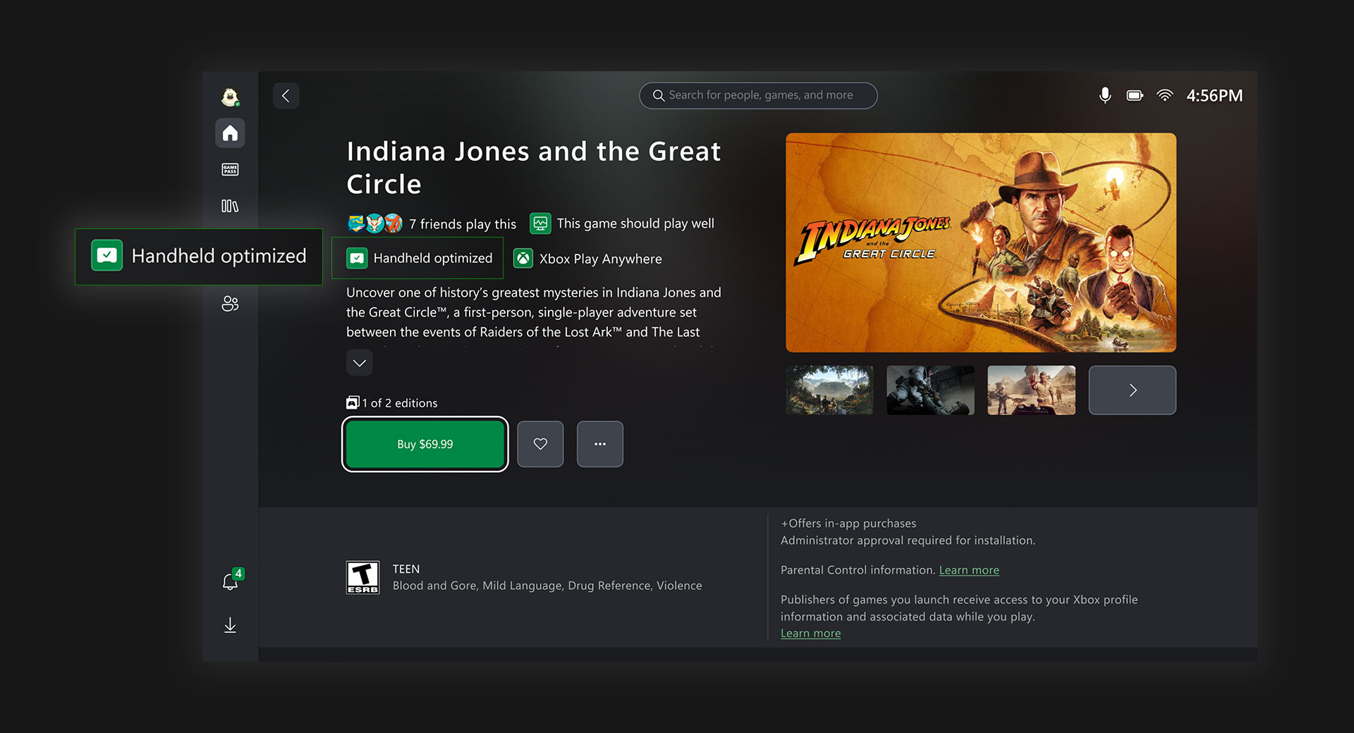 Rog UI showing game handheld optimized icon on the Indiana Jones game page. 