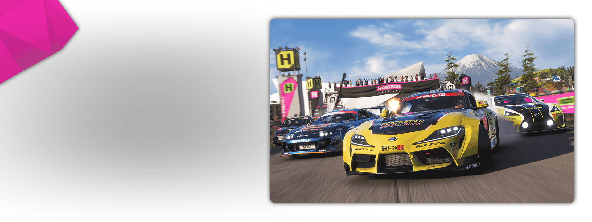 A black Mitsubishi, a blue Toyota Supra MKIV, a yellow Toyota GR Supra, and a black and yellow Lexus LFA race through the Horizon Festival.